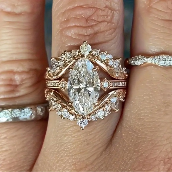 14k Gold Plated, 3 pcs Stacking, Engagement, Wedding, Victorian, Ring Set Sz 6 - Picture 2 of 11